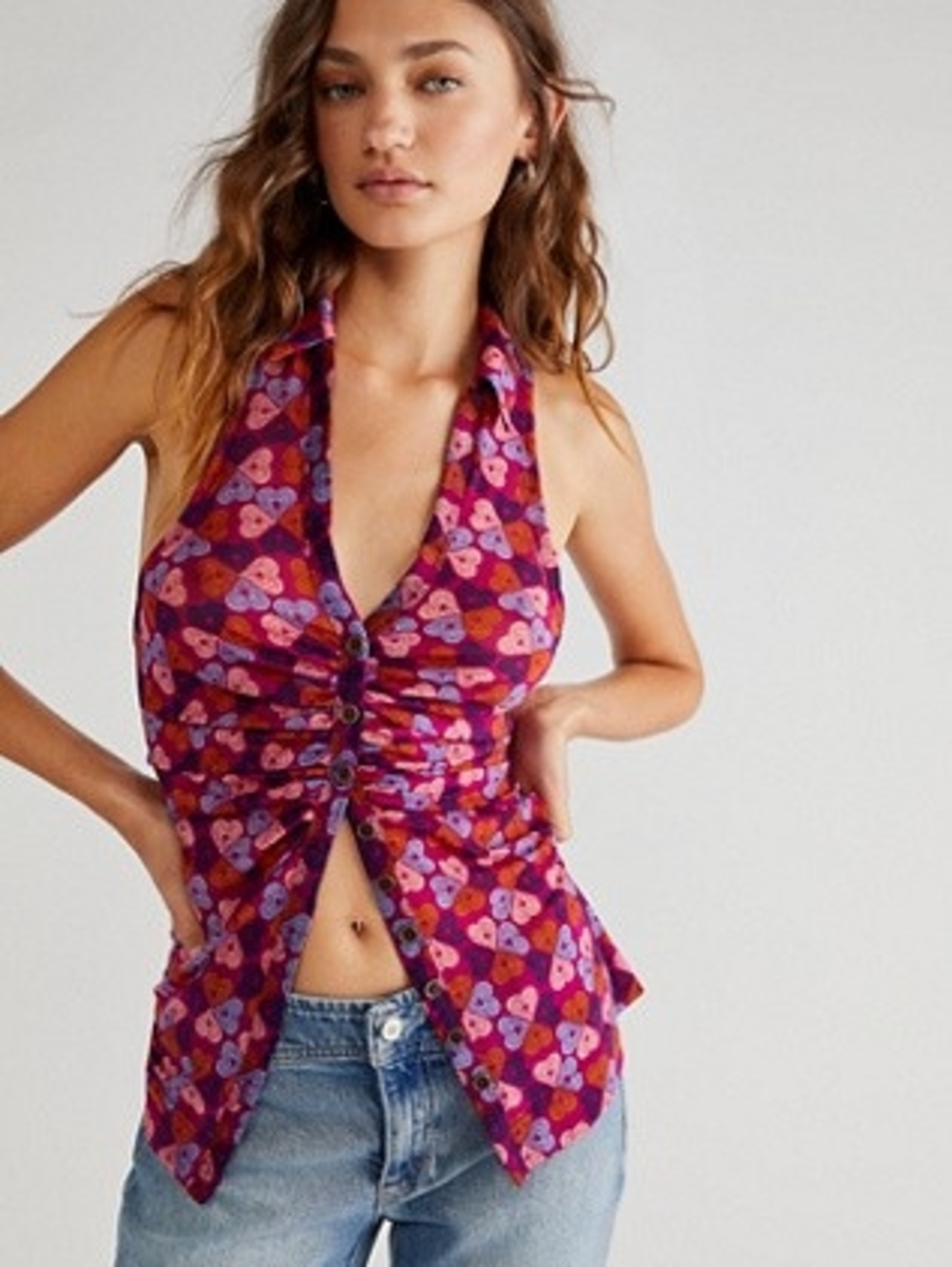 Free People Magenta & Purple Halter Button-Front Camisole